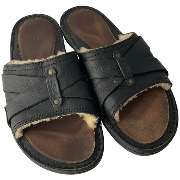 UGG Wainscott Black Leather Cross Strap Luxury Sandal Slides Mens Size 12 - Picture 1 of 10